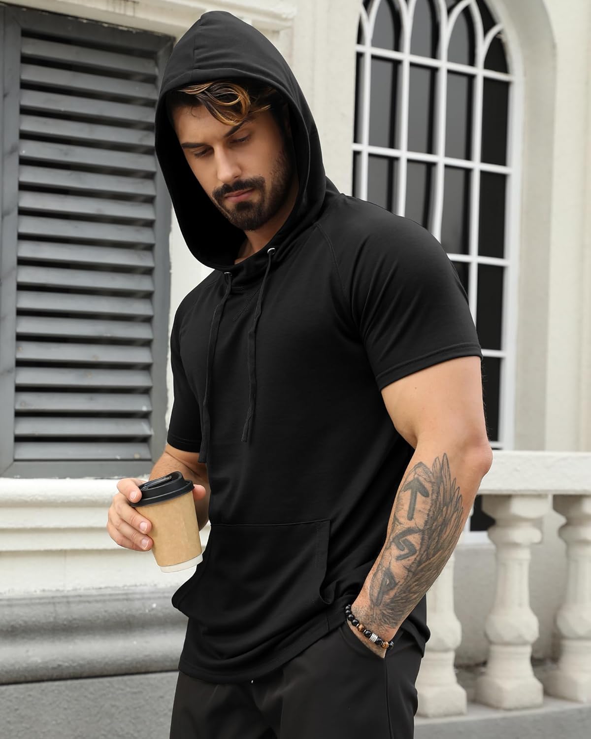 Aiyino Men's Short Sleeve Hoodie Workout Gym Sweatshirt Muscle Fit Fashion Athletic Hoodies Pullover Hooded T-Shirts - Image 4