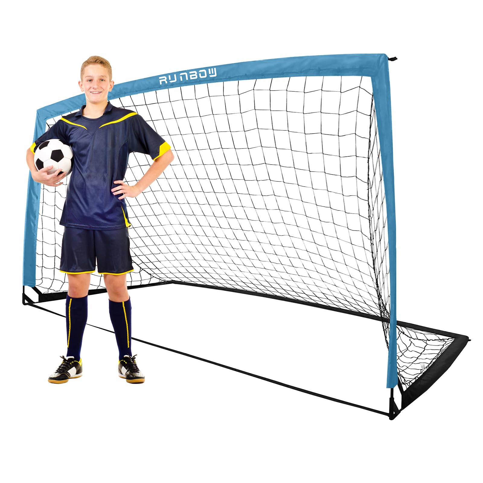 RUNBOW 9x5 ft Kids Football Goal, Portable Soccer Net for Adult Junior Backyard Practice with Carry Bag (Grey Blue, 1 Pack)