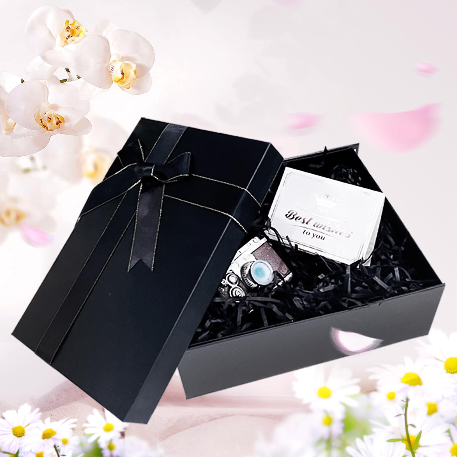 Black Gift Box, Gift Boxes for Presents 25x18x8.5cm Gift Box with Lids Silk Ribbon & Greeting Card - Image 4