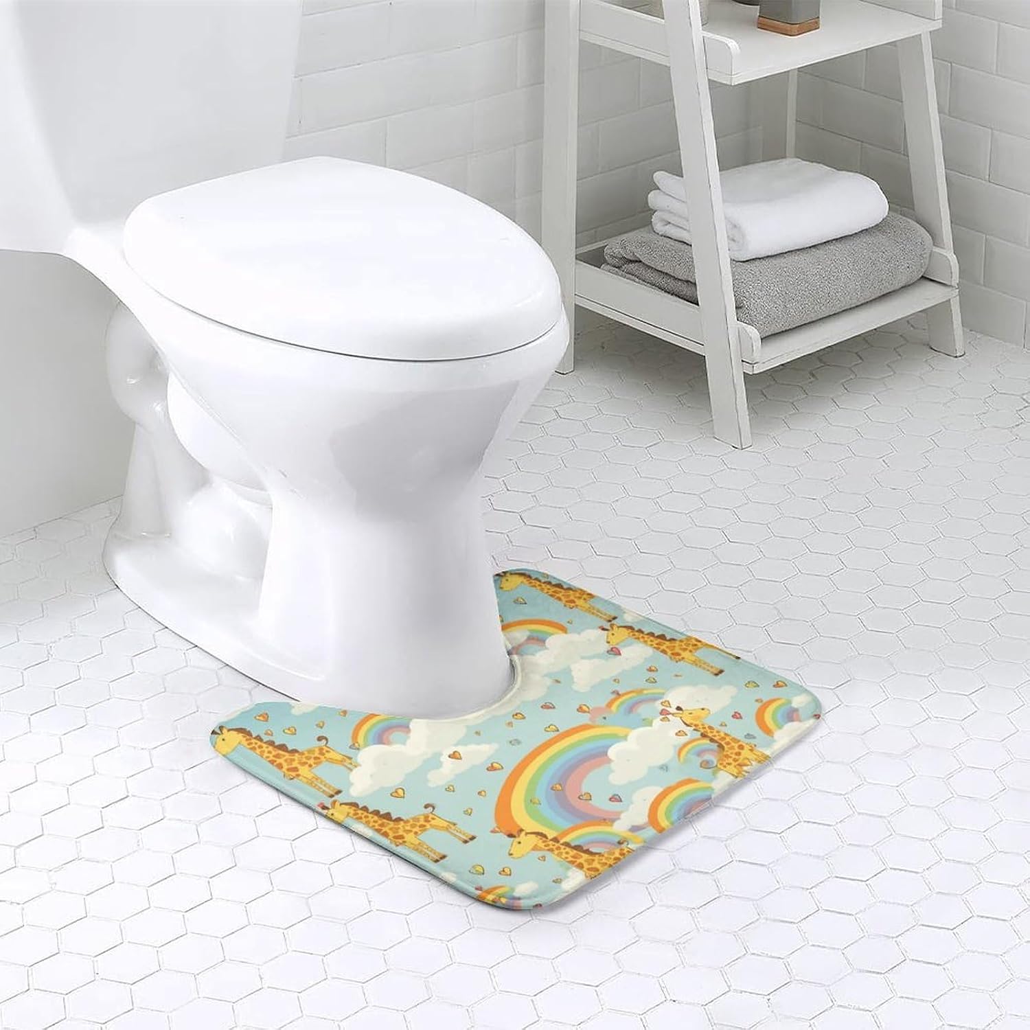 Cartoon Giraffe Rainbow and Clouds U-Shaped Toilet Mat Non-Slip Bath Rug Soft Absorbent Microfiber Coral Velvet Floor Mat for Toilet Base, Machine Washable Bathroom Decor 20x16 Inch