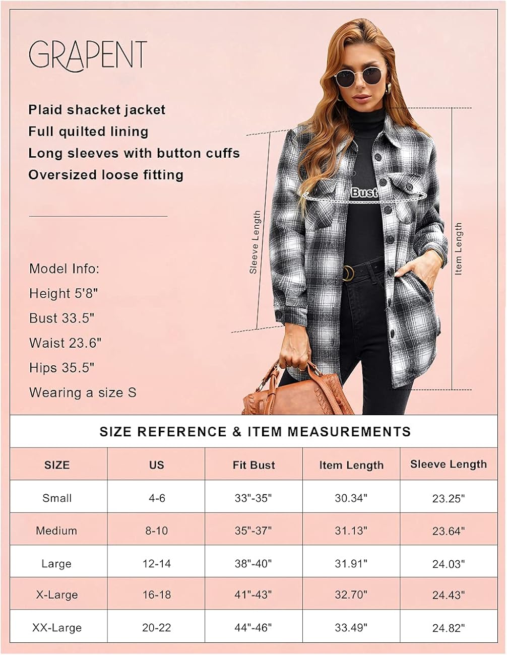 GRAPENT Women's Oversized Plaid Button Down Shirt Quilted Lined Shacket Jacket at  Women’s Clothing store