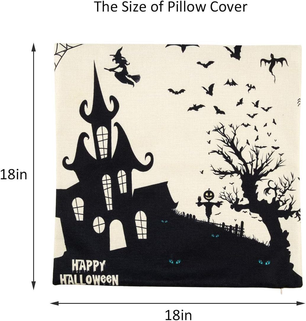 Set of 4 Happy Halloween Black and White Throw Pillow Covers Pumpkin Pillow Case Spider Web Witch Pillow Cushion Cover Decorative for Halloween Home Car Sofa Bed Couch, 18 x 18 Inch