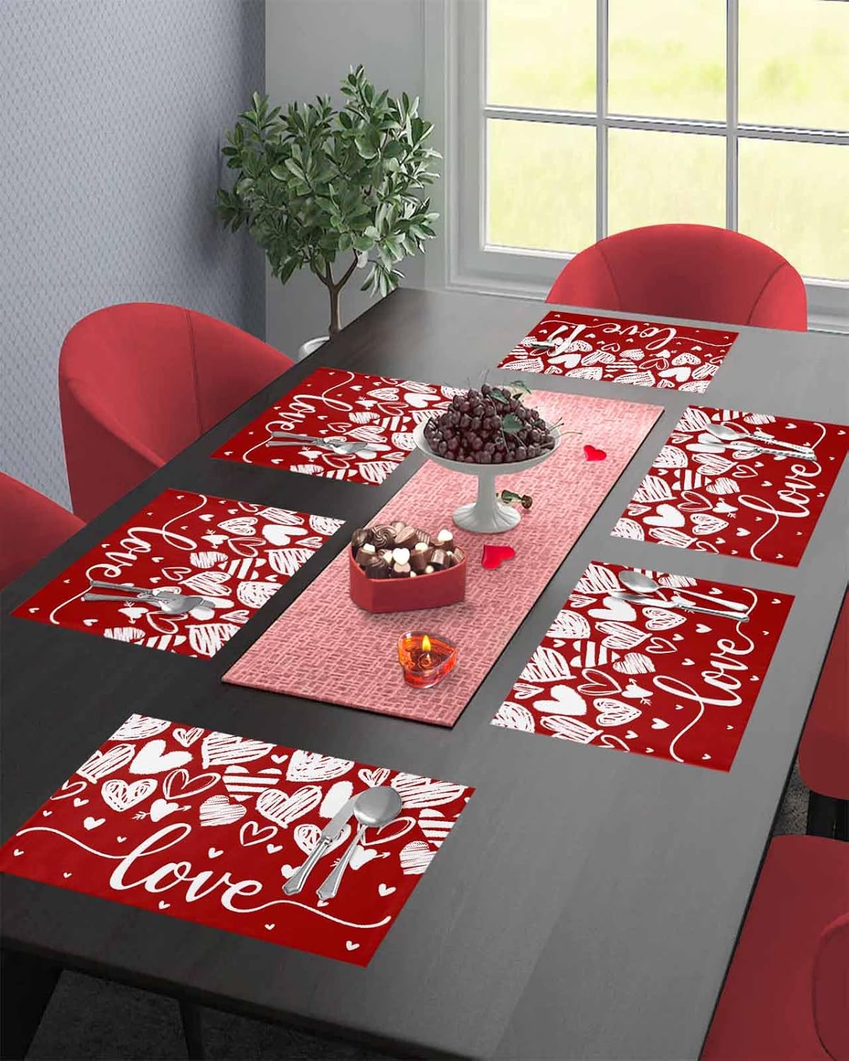 Valentines Day Placemats Set of 4 Heart Table Mats, Romantic Love Winter Seasonal Holiday Outdoor Dining Table Place Mats for Home Party Decoration(Red and White, 13"x19")
