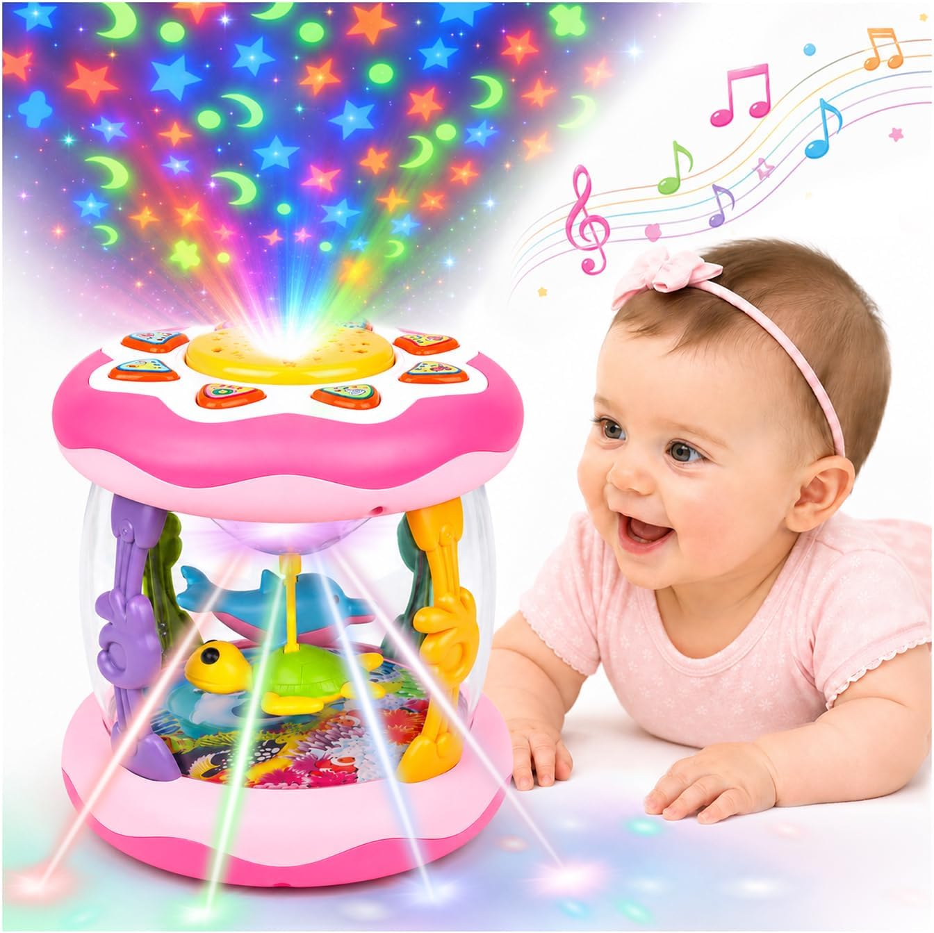 Baby Girl Toys 0-6 Months: Ocean Rotating Projector Musical Light Up Toy | Tummy Time Toys 0-3 4 5 6 Months - Infant Music Aquarium Crawling Toy 6-12 Month - Newborn Baby First Birthday Shower Gifts