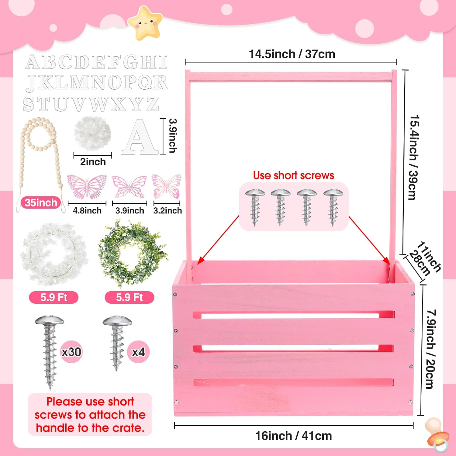 Juexica Wooden Baby Shower Crate Closet Baby Basket with Handle Box with Butterfly Eucalyptus Garland Bead Artificial Flowers Large Letter for Pregnancy New Parent Gift(Pink)