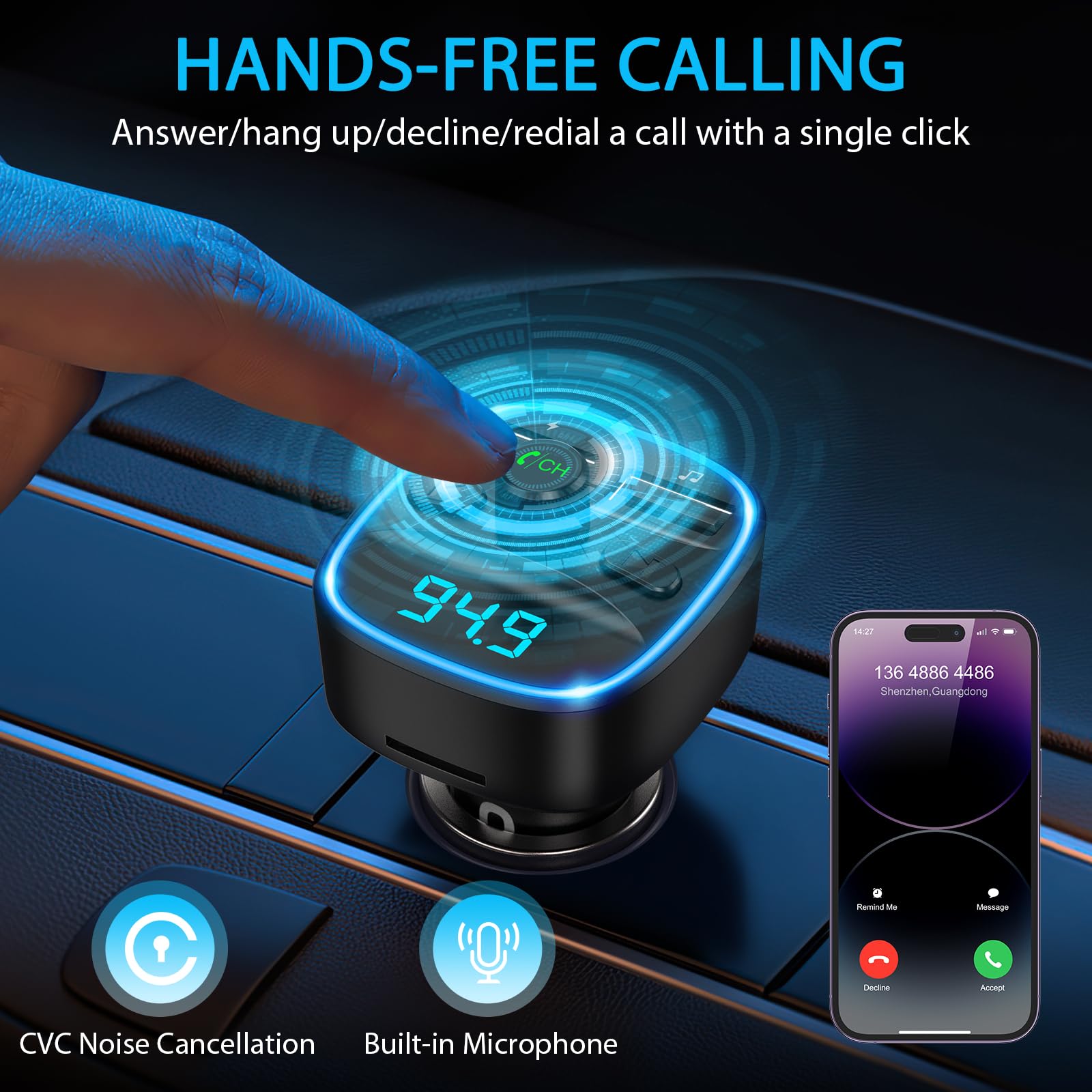 ORIA Samochodowy adapter Bluetooth, nadajnik FM Bluetooth 5.3 do radia samochodowego z podwójną ładowarką USB, połączenia bez użycia rąk, obsługa odtwarzacza muzycznego karty TF i dysku USB (w