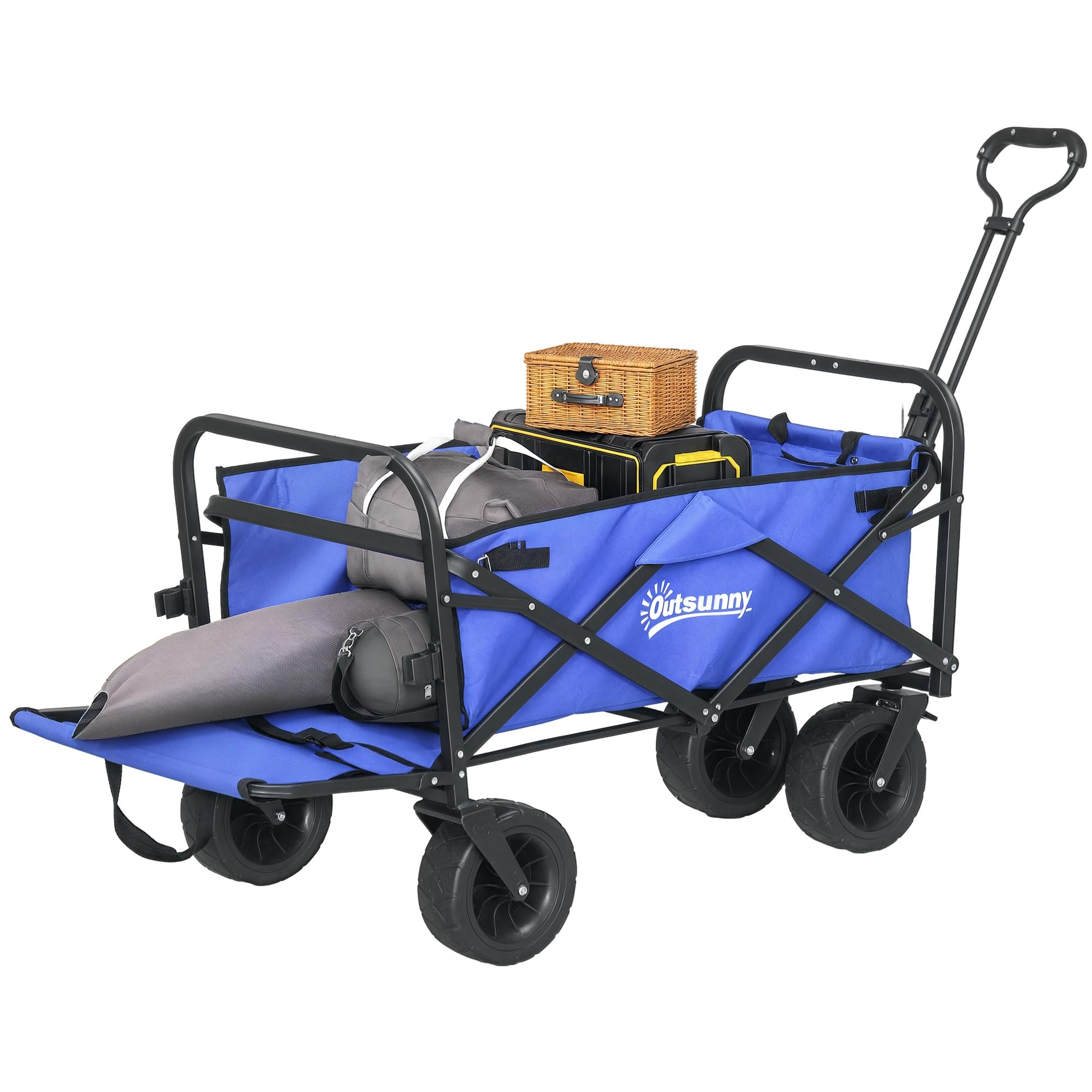Outsunny Chariot de Jardin et Plage Pliant 100 kg Bleu Foncé | Longueur et angle de poignée réglables, porte arrière, sac de transport, pour shopping