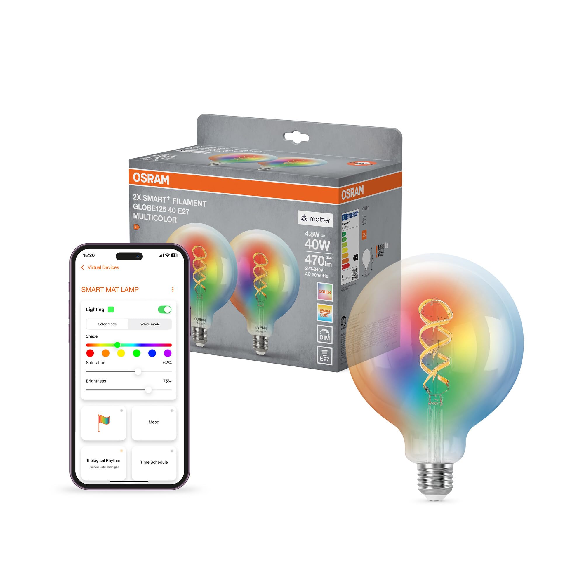 OSRAM SMART+ RGB lampa Globe, Matter przez Wi-Fi, 2 szt., E27, 5W, 16 mln kolorów, 2700–6500K, współpracuje z Alexa, Google, Apple