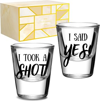 Onebttl Engagement Gift for Couples, Unique Newly Engaged Shot Glass Set of 2 for Mr Mrs, 1.5 oz45 ml - I TOOK A SHOT, I SAID YES