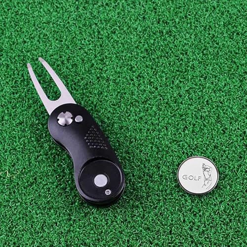 Kofull Pitchgabel Golf +2 Ball Marker+ 1 hat Clip Pitchgabel Switchblade Golf Grün Reparatur Gabel tragbar und klappbar Pitch - 1 Stück Schwarz