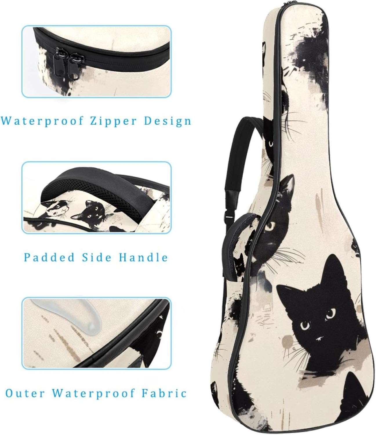 Acoustic Guitar Bag, 40 41 42 Inch Guitar Case Cover Soft Guitar Gig Bag for Acoustic Electric Bass Classical Guitar, Black Cats Pattern