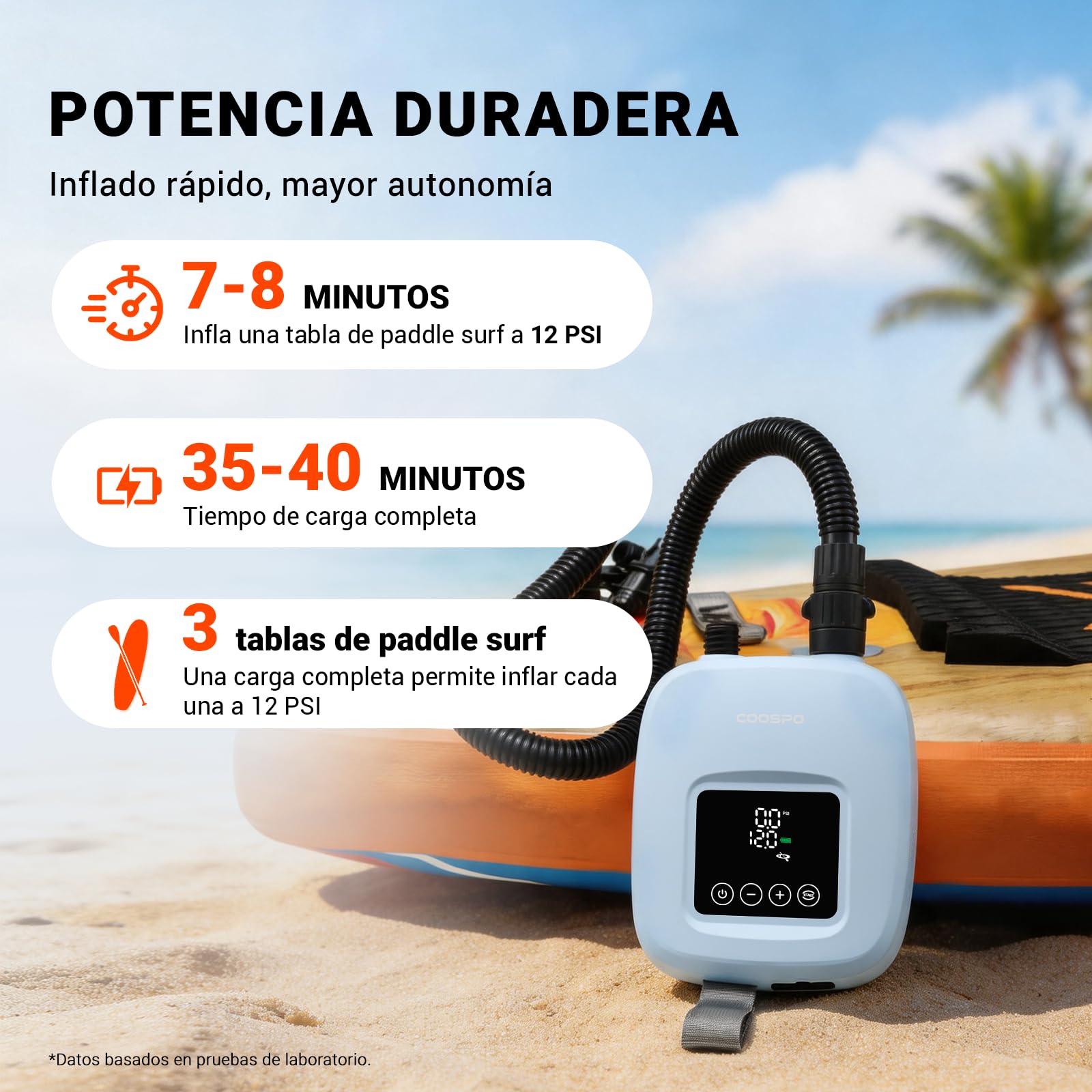 CooSpo Bomba de Aire portátil para Sup inflador eléctrico de Alta presión de 20 PSI batería Recargable de 52.9/44.4 WH Cargador para Coche de 12 V Apto para Kayaks y artículos hinchables