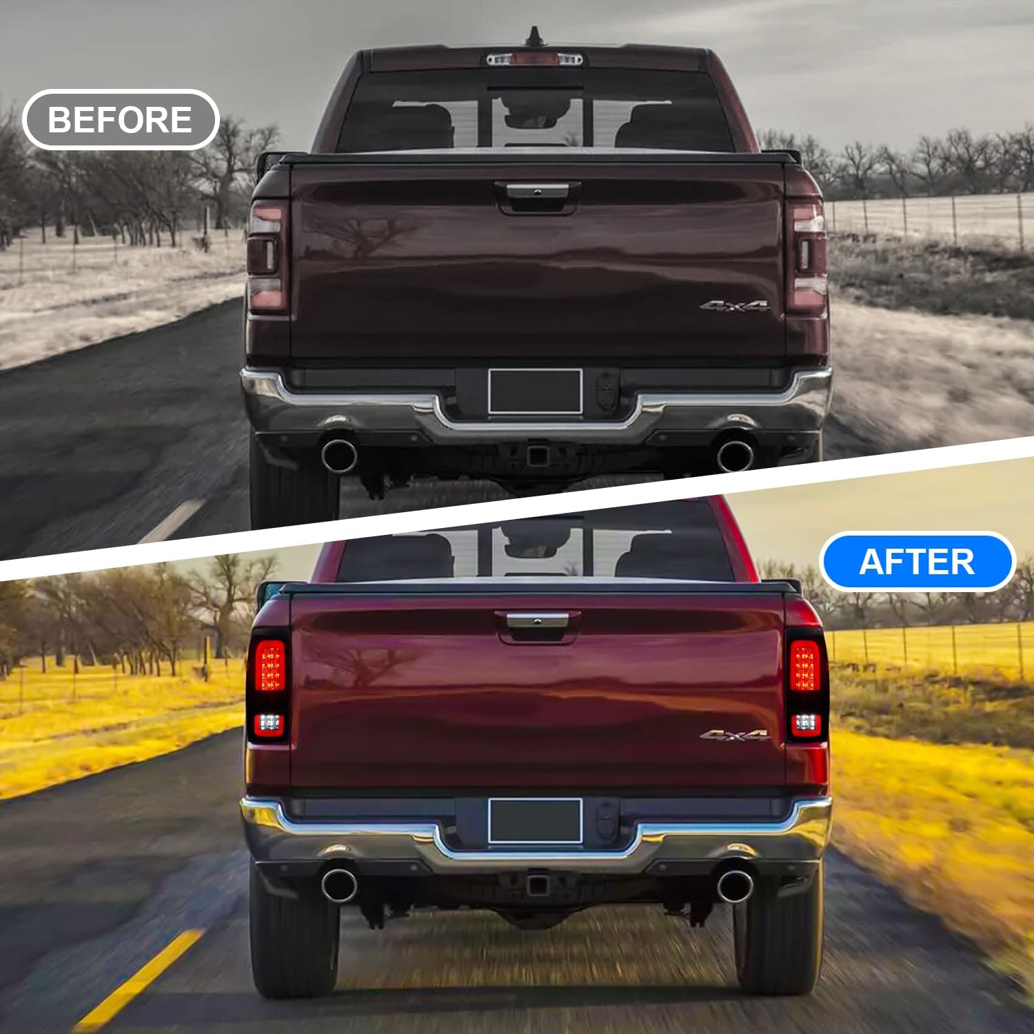 Upgrade LED Smoke Lens Tail Lights Compatible with Dodge RAM 1500 2009-2018, RAM 2500/3500 2010-2018 Factory Halogen Taillight Models, 2PCS