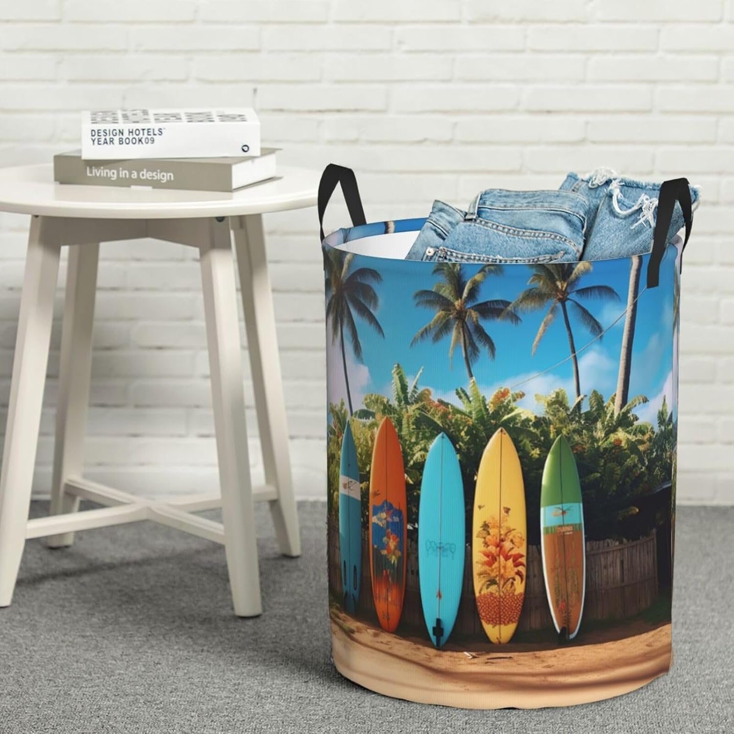Surf's up Surfboard Laundry Basket with Handle, Freestanding Laundry Hamper, Collapsible Dirty Clothes Hamper, Waterproof Fabric Blanket Storage Basket Tall Toy Storage Bin Room Decor Small