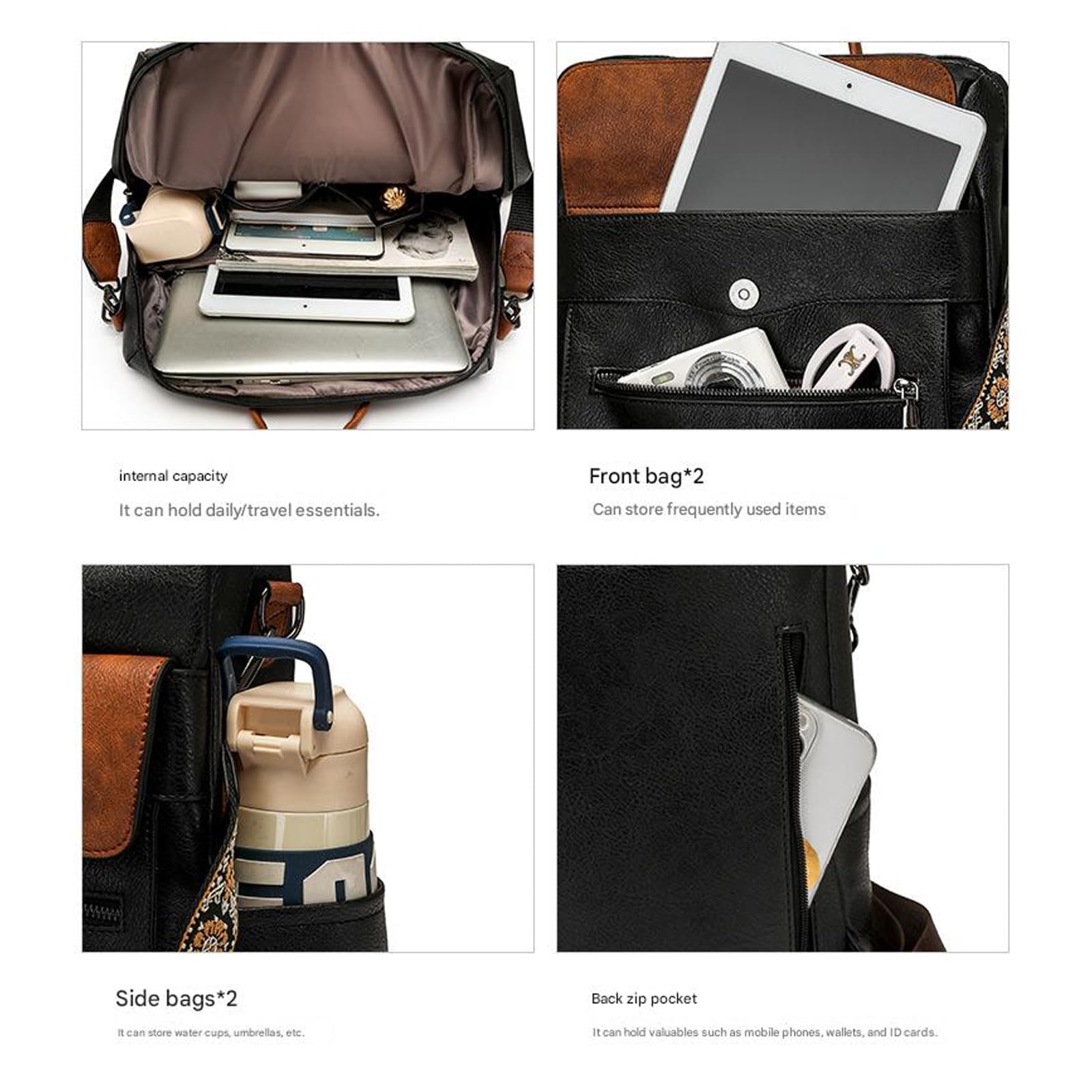 Mochilas de piel sintética para mujer, impermeable, antirrobo, convertible, de viaje, bolso de hombro, bolso de mano de piel sintética, Café de dos colores