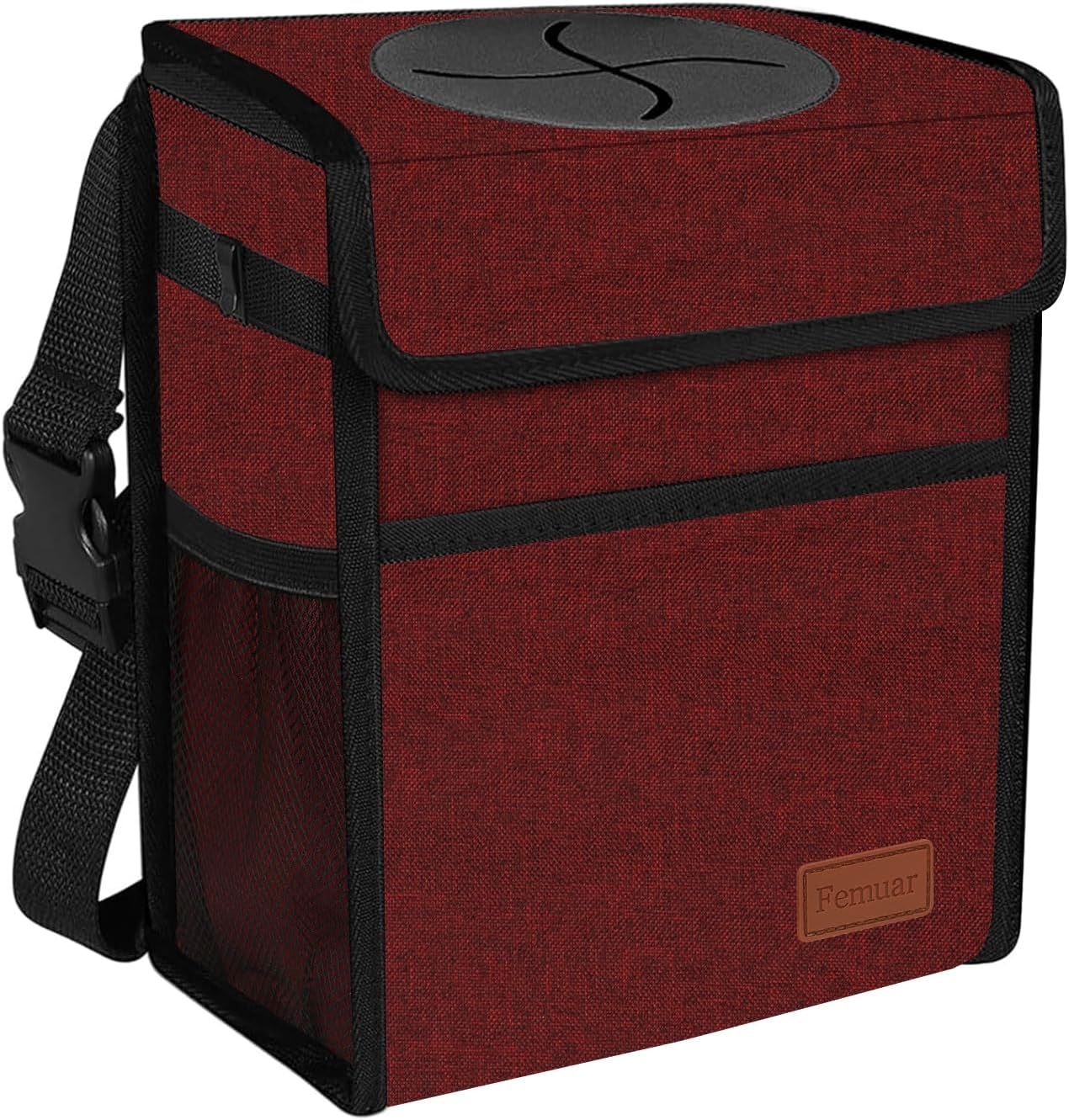 Femuar Leak Proof Car Trash Can with Lid, Collapsible Hanging Waterproof Car Trash Bag with Mesh Pocket for SUV Front Seat Headrest, Burgundy