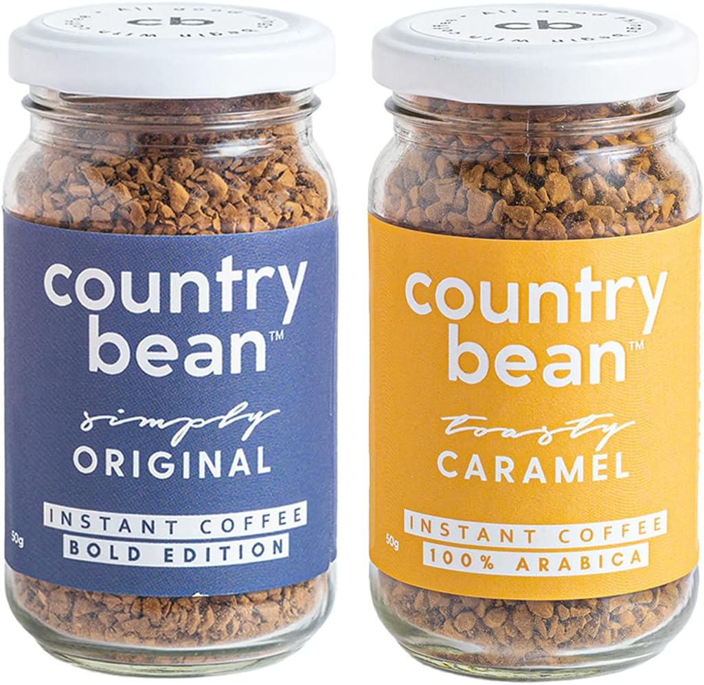 - Country Bean Instant Coffee Powder Jar| Original | Caramel Flavors Combo Pack of 2 X 50 G