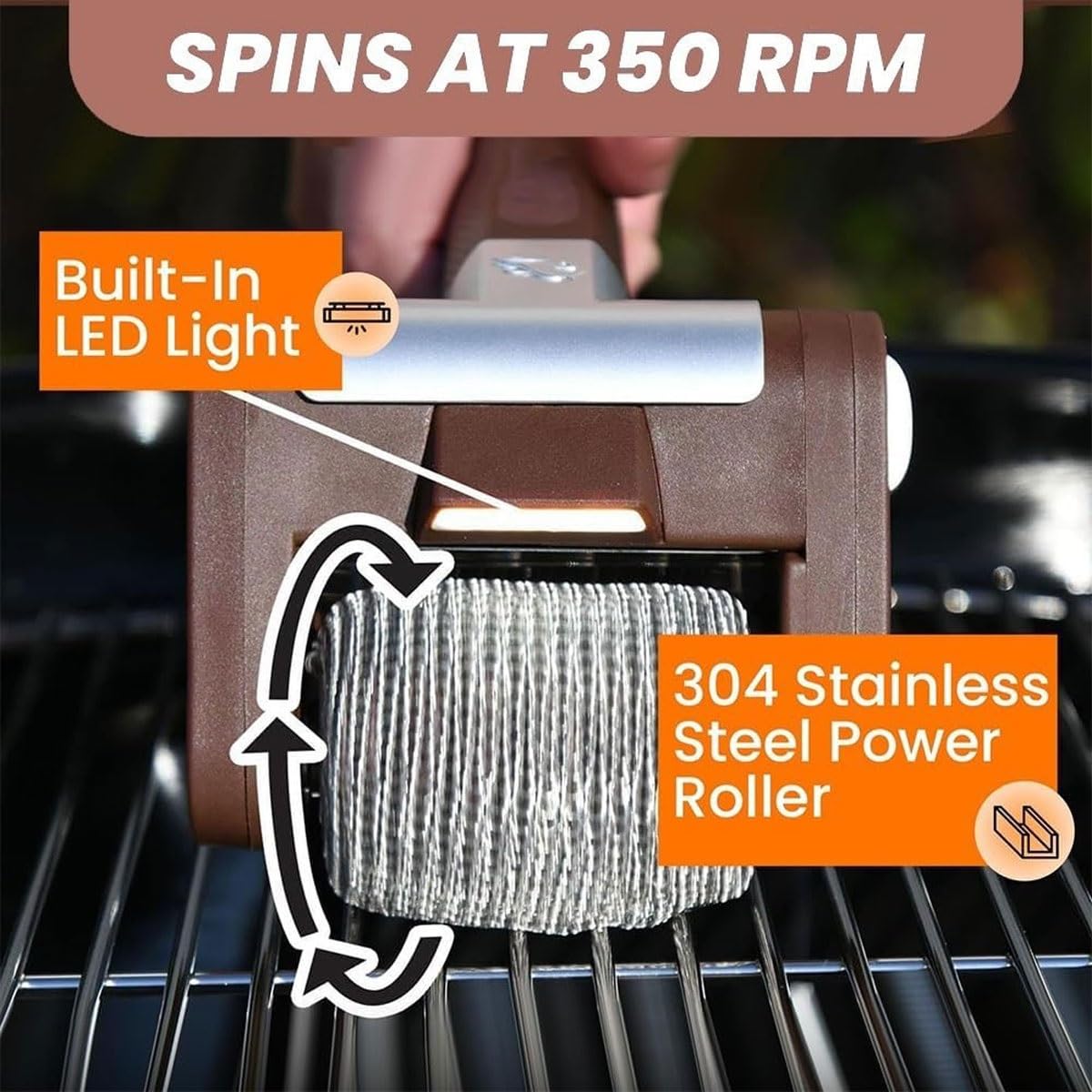 Elektrische Grillreinigungsbürste, schnurlose borstenfreie Spinnbürste mit 350 U/min Edelstahlrolle für Grill, abnehmbares Design und LED-Licht, 2 Edelstahlrollen im Lieferumfang enthalten