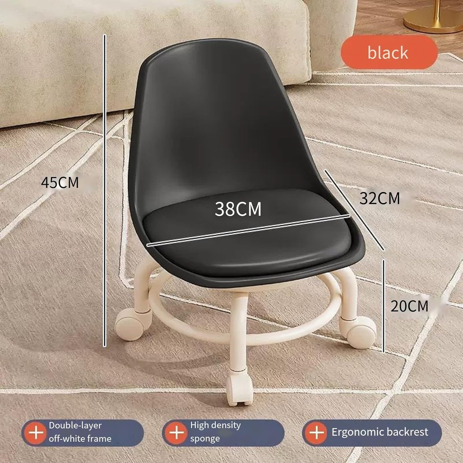 Low Rolling Stool w/Back Rest Leather Roller Caster Seat Stool Movable Mini Stool w/Universal 360 Degree Swivel Wheels for Home Office Garage Shop (Black 45 * 38 * 20cm)