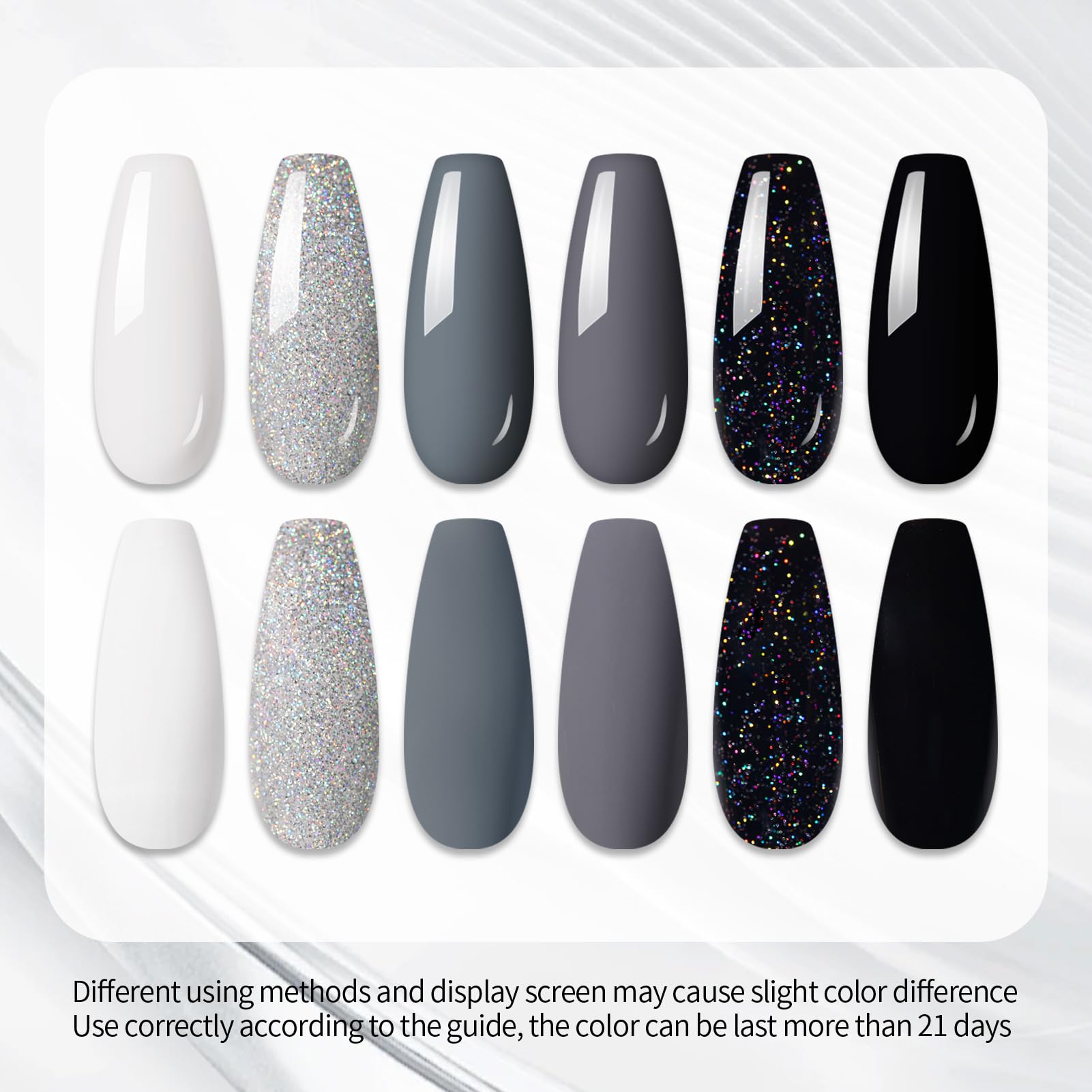 Juego de esmaltes de uñas de gel negro y blanco, 6 colores negro, blanco, gris, esmalte de gel negro con purpurina plateada para todas las estaciones, juego de manicura de uñas de gel para 4