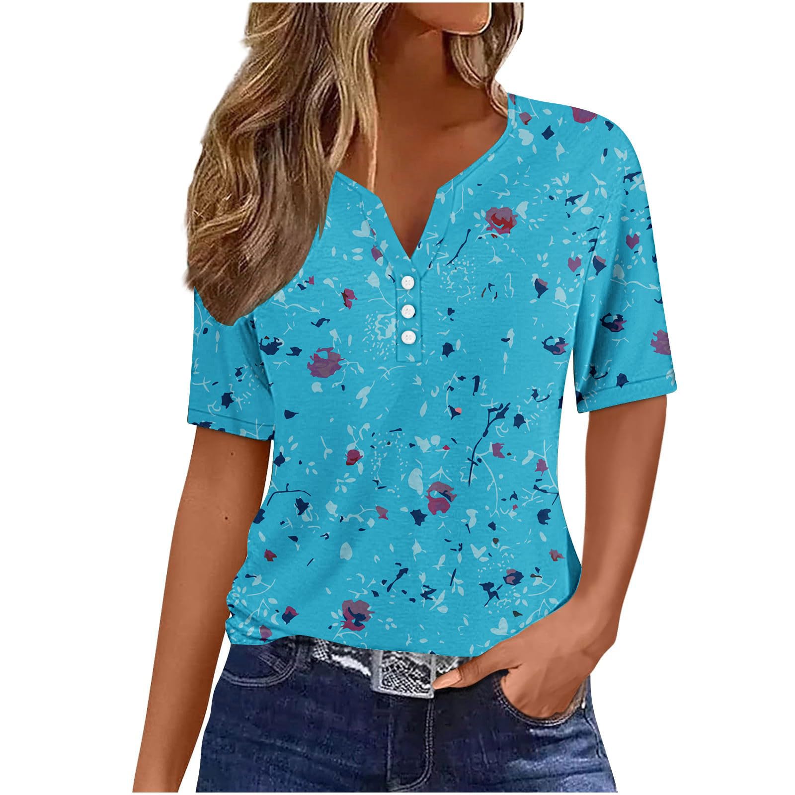 NUSGEAR Camiseta de Manga Corta Mujer Moda impresión Estampado Camisa Blusa Verano Suelto Casual Cuello en V Botones Tumblr Túnica Tops 2024 Fiesta T-Shirt Original Basic algodón tee Camisetas