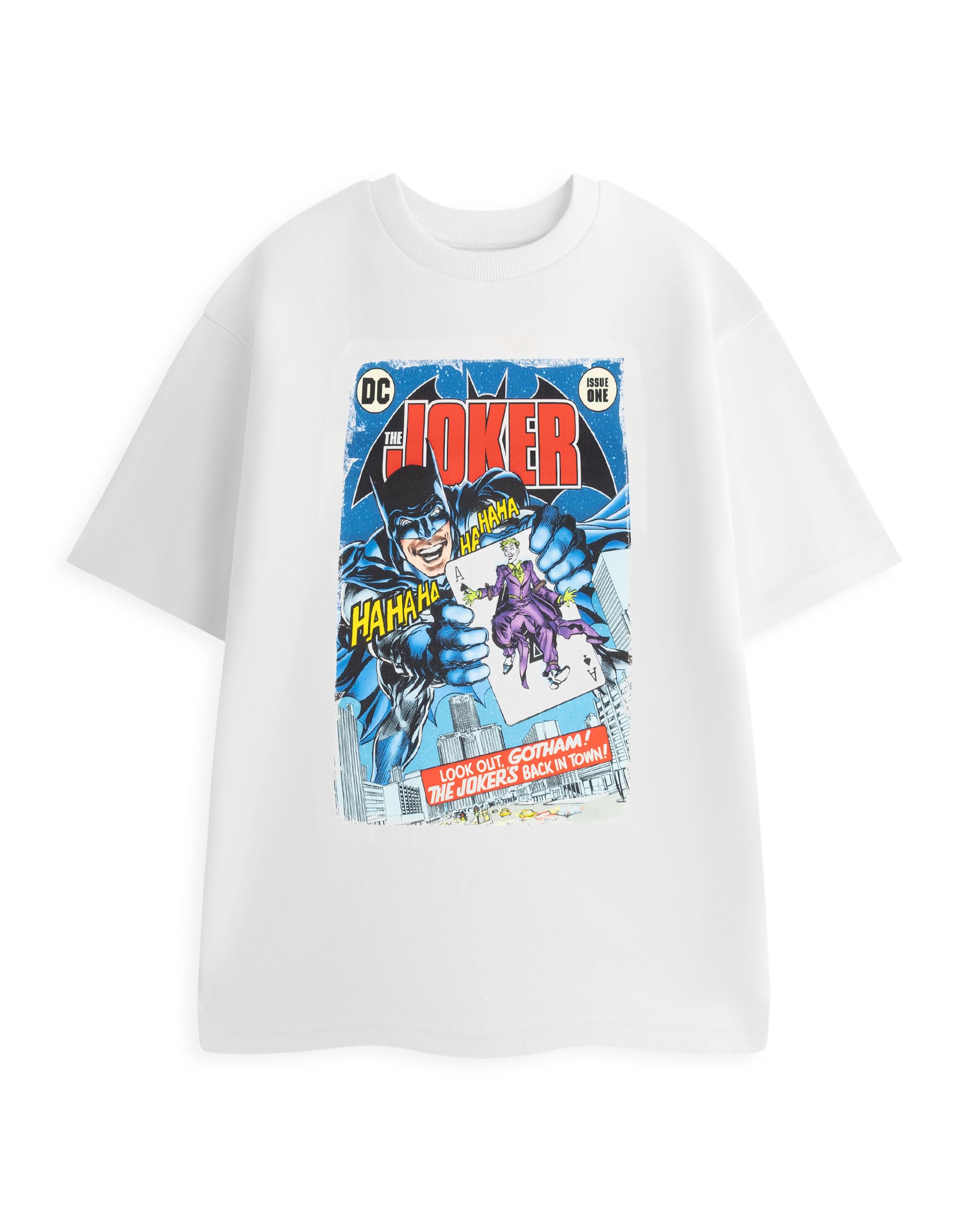DC Comics Batman The Joker White Graphic Tee | Short Sleeve T-Shirt with Vintage Comic Book Cover Print | Distressed Chest Graphic | Crew Neck Top Merch - X-Large