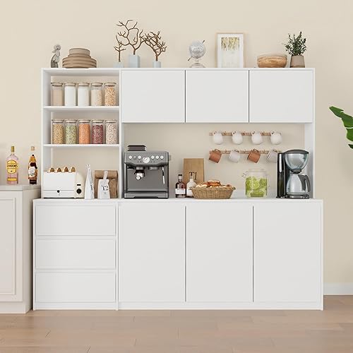 Bobve Large Kitchen Hutch Cabinet with Microwave Stand, Storage Cupboard Pantry with 3-Tier External Shelves and 3 Drawers, Ktichen Food Pantry with Open Countertop for Dining Room, White - 82.68"W - White