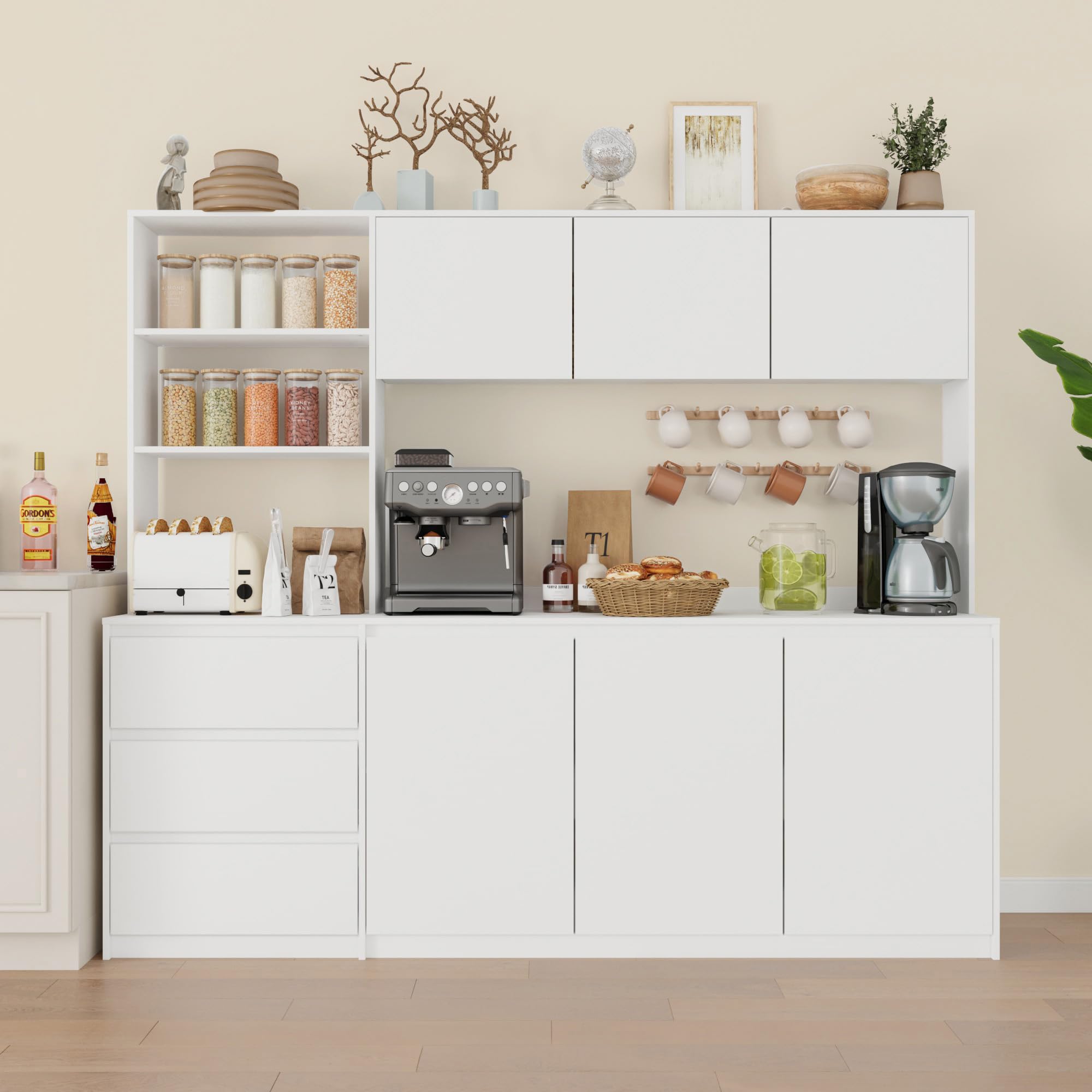 Bobve Large Kitchen Hutch Cabinet with Microwave Stand, Storage Cupboard Pantry with 3-Tier External Shelves and 3 Drawers, Ktichen Food Pantry with