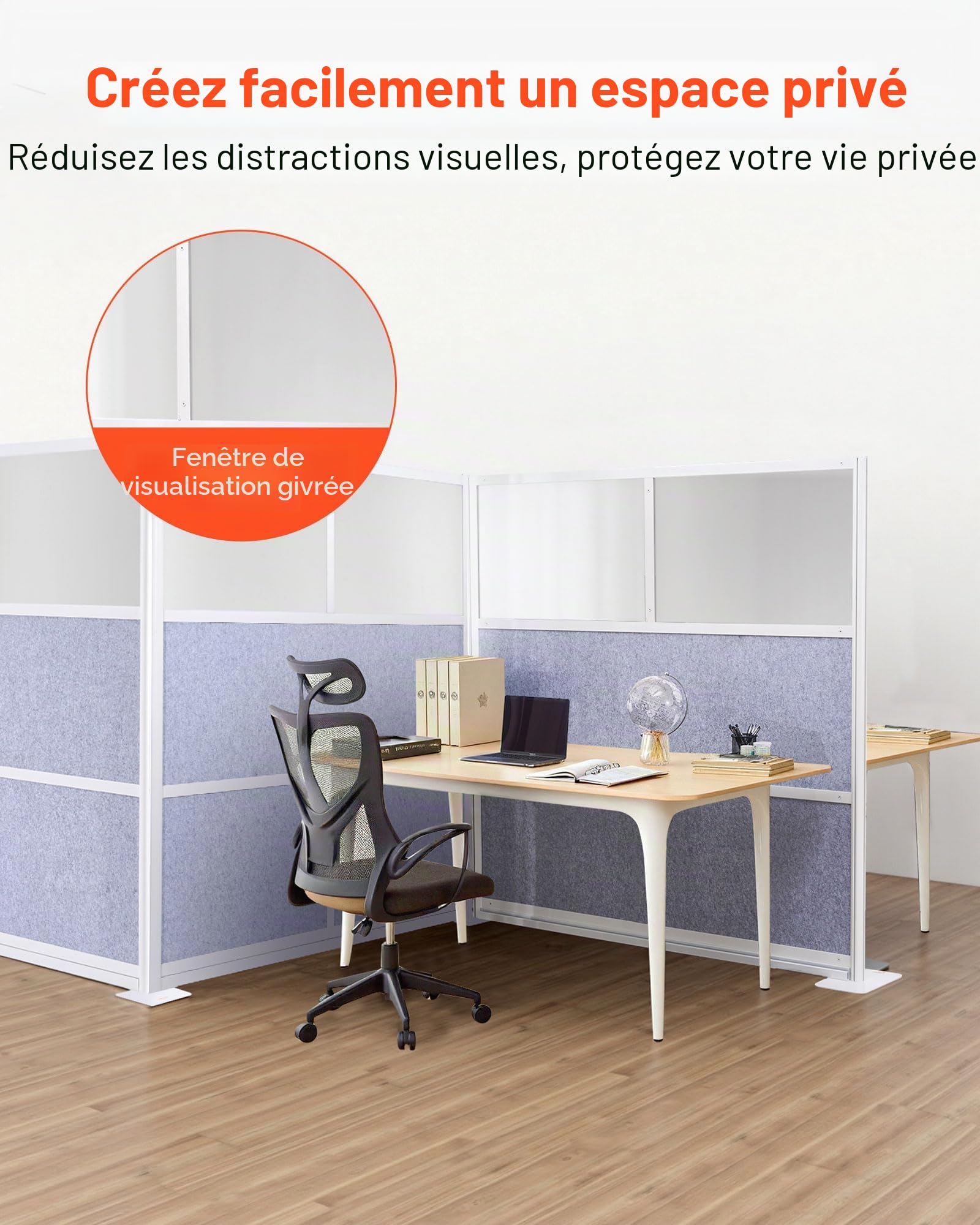 VEVOR Cloisons de Bureau, 178x178 cm, Cloison de Séparation de Poste de Travail Pet Modulaire, avec Fenêtres Givrées, Panneau de Confidentialité Autoportants de Pièce pour Bureau, Bibliothèque, École