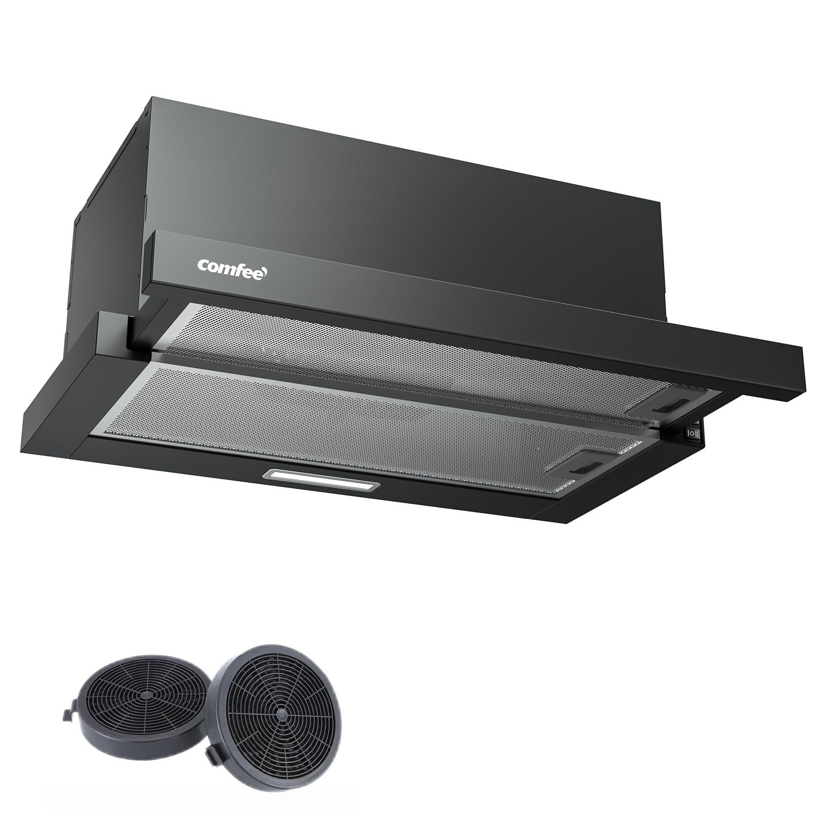 COMFEE' CHL03M21B Flachschirmhaube Dunstabzugshaube 60cm Umluft, 400 m³/h Luftstrom, Dunstabzug Unterbau Integrierte Einbau Flach Abluft Abzugshaube, Schwarz