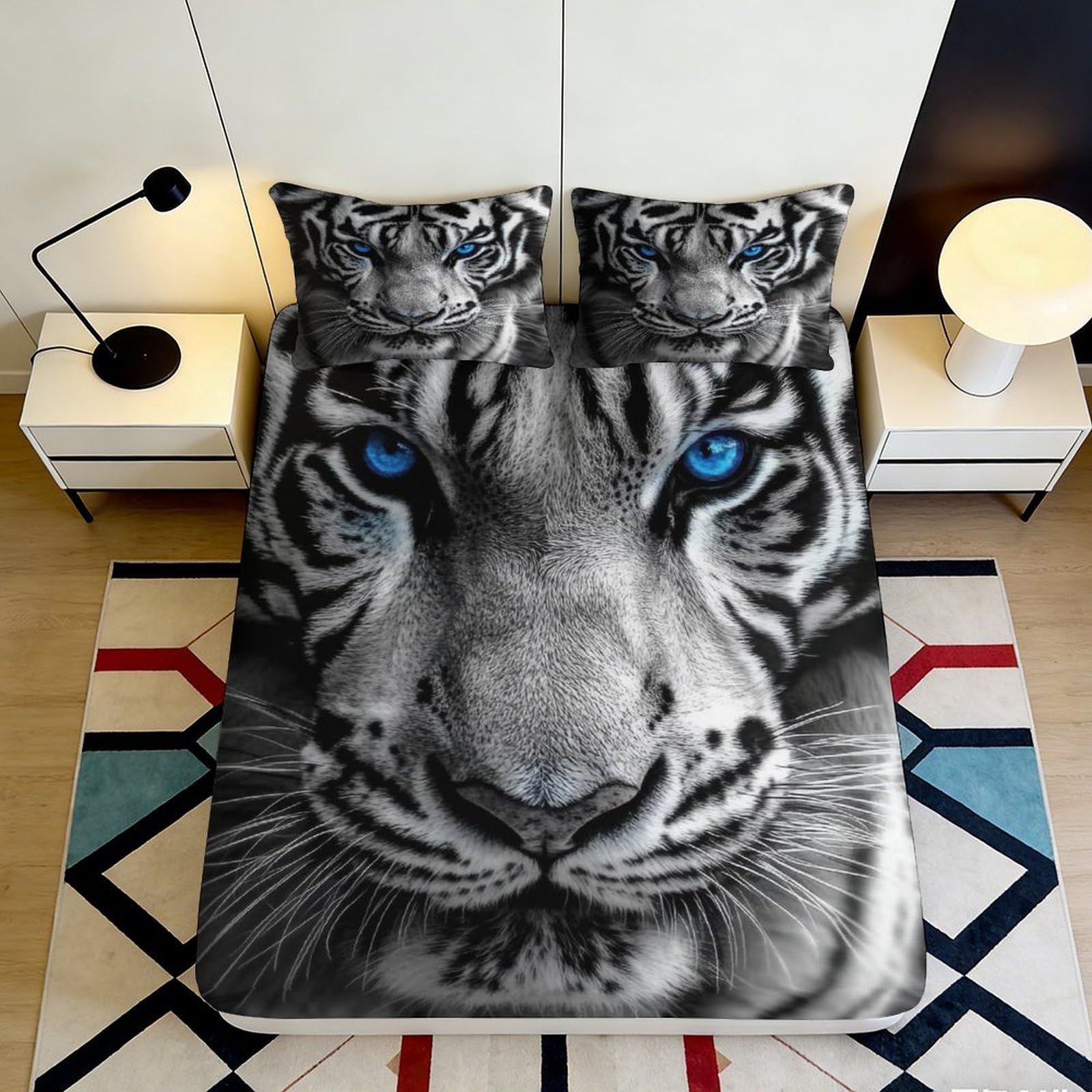 3D Printed Blue Eyed Tiger Fitted Sheet Microfiber Soft Black White Animal Mattress Cover Bedroom Decor 120x200x25cm