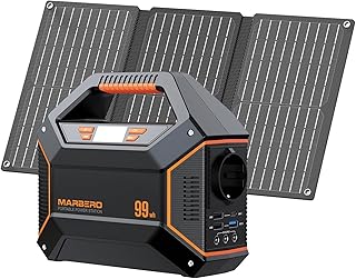MARBERO Power Station 100W Batterie Externe 99Wh 27.000mAh avec Panneau Solaire Pliable 30W avec Prise EU Groupe Electrogene Silencieux, Lampe Torche SOS Pour Camping, Urgence Maison, Voyage Bricolage