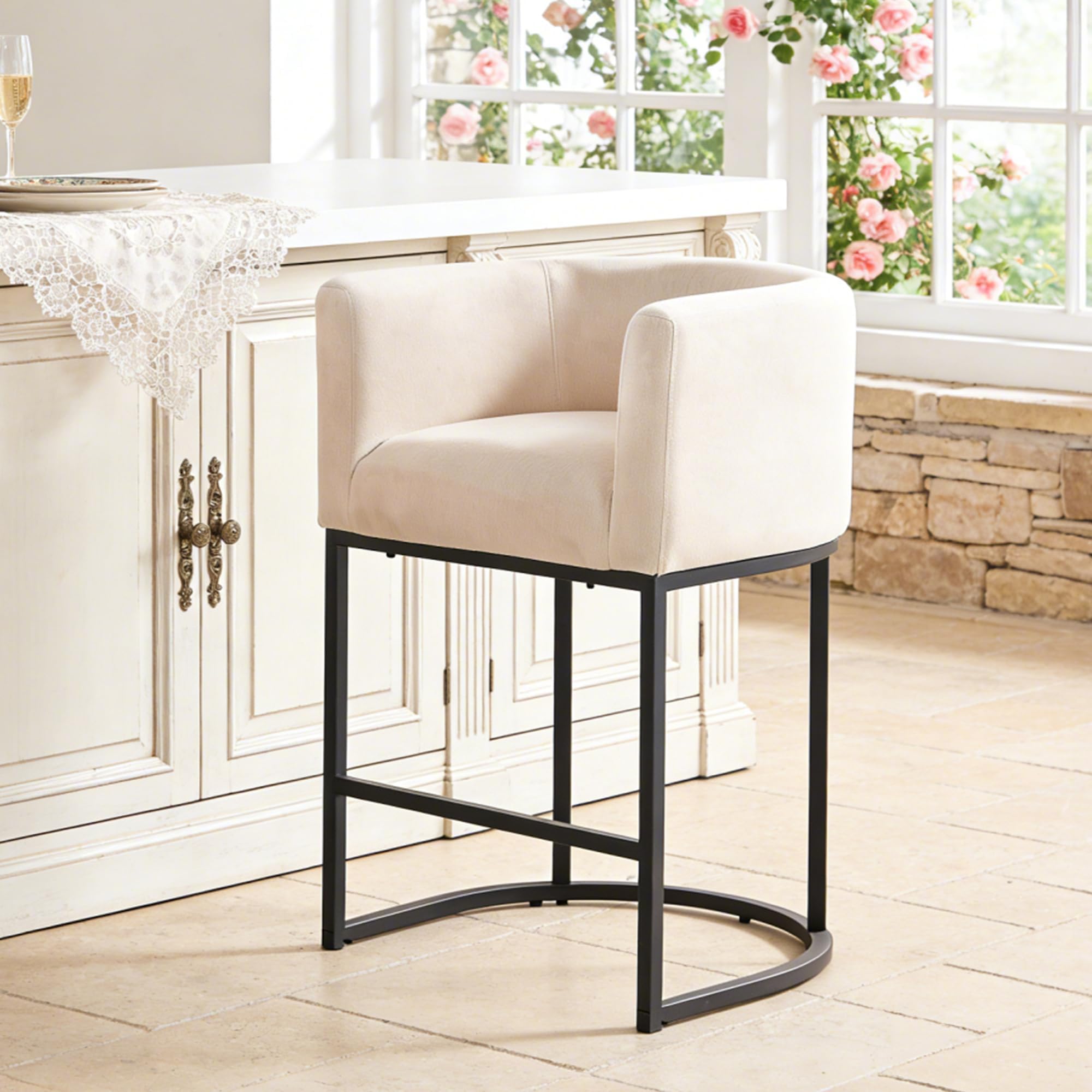 ClinQ 26" H Counter Height Bar Stools Set of 1, Modern Barrel Counter Stools with Backrest and Arms, Black Metal Frames, Linen Fabric Upholstered Accent Barstools for Kitchen Island, Beige