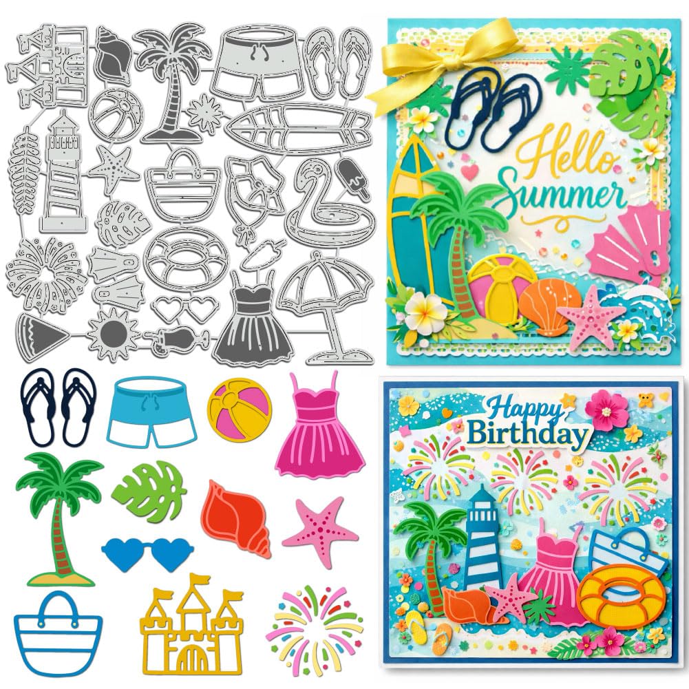 UNICRAFTALE 28Pcs Summer Themed Cutting Dies for Card Making Summer Beach Tree Embossing Die Cuts Carbon Steel Template Metal Beach Glasses and Bags Greetings Die Cuts for DIY Scrapbooking