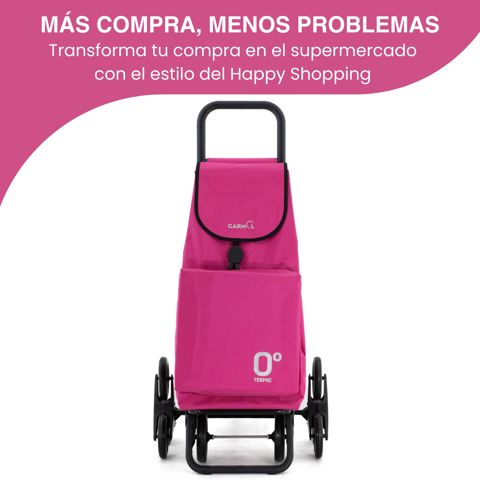 GARMOL Carro de la Compra Térmico Plegable 55L con Bolsillo Interior 11L | 4 Ruedas (2 Fijas + 2 Giratorias) | Color Fucsia