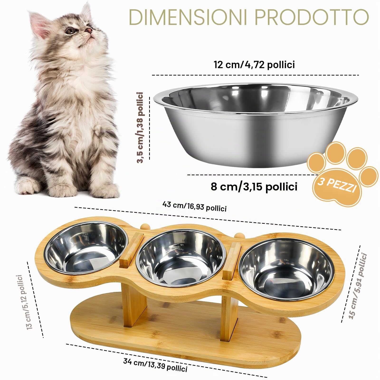 Ciotole per Gatti Rialzate,Mangiatoia per Gatti con 3 Ciotole,Ciotola in Acciaio Inox Rialzate con Supporto in Legno per Cani Piccoli, Gattini