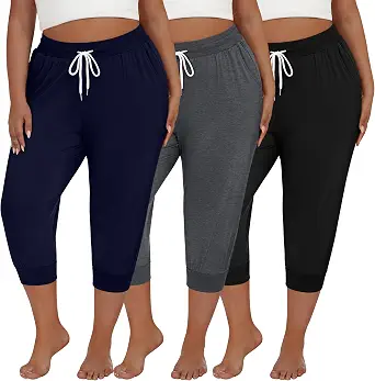 Neer 3 Pack Women's Plus Size Cotton Lounge Yoga Capris Cropped Casual Sweatpants with Pockets