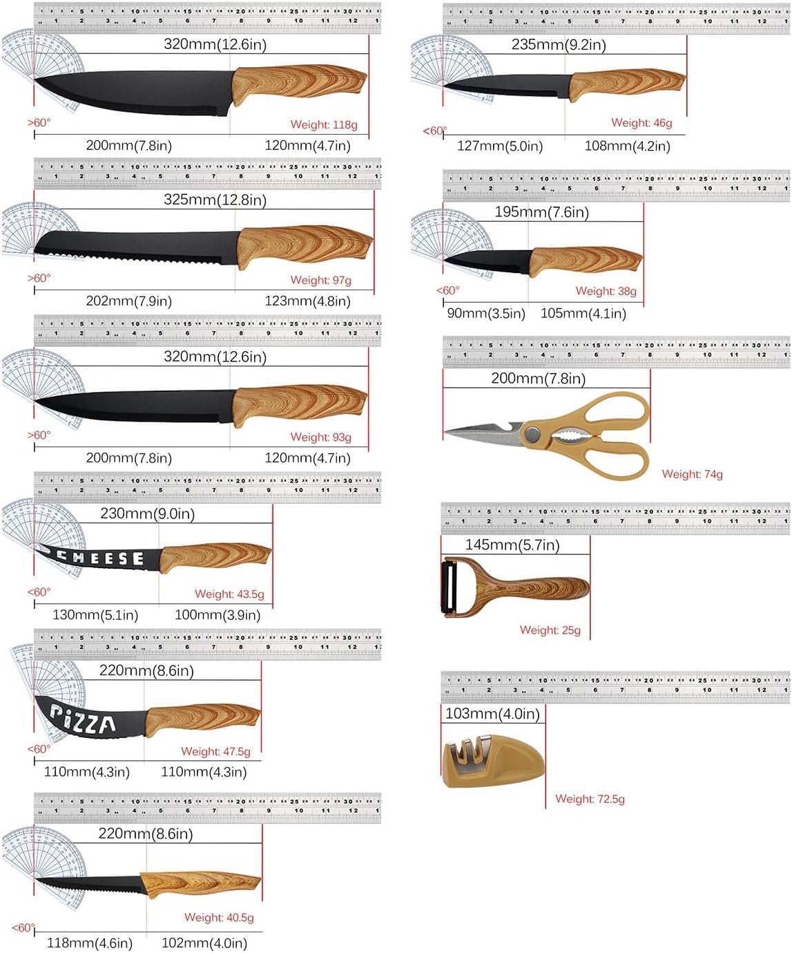 DAXXIN Kitchen Knife Sets, 17PCS Stainless Steel Chef Knife Household Complete Set Of Combination Cheese Knives Wood Grain Handle Meat Cleaver Scissors, ZJH6868