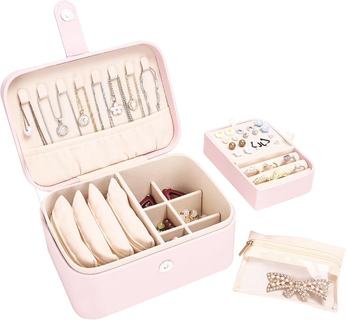 Joyero portátil de 2 capas, estuche de viaje grande para joyería con 4 bolsas de joyería, caja organizadora de joyería de tamaño mediano para aretes, collares, pulseras (rosa claro)