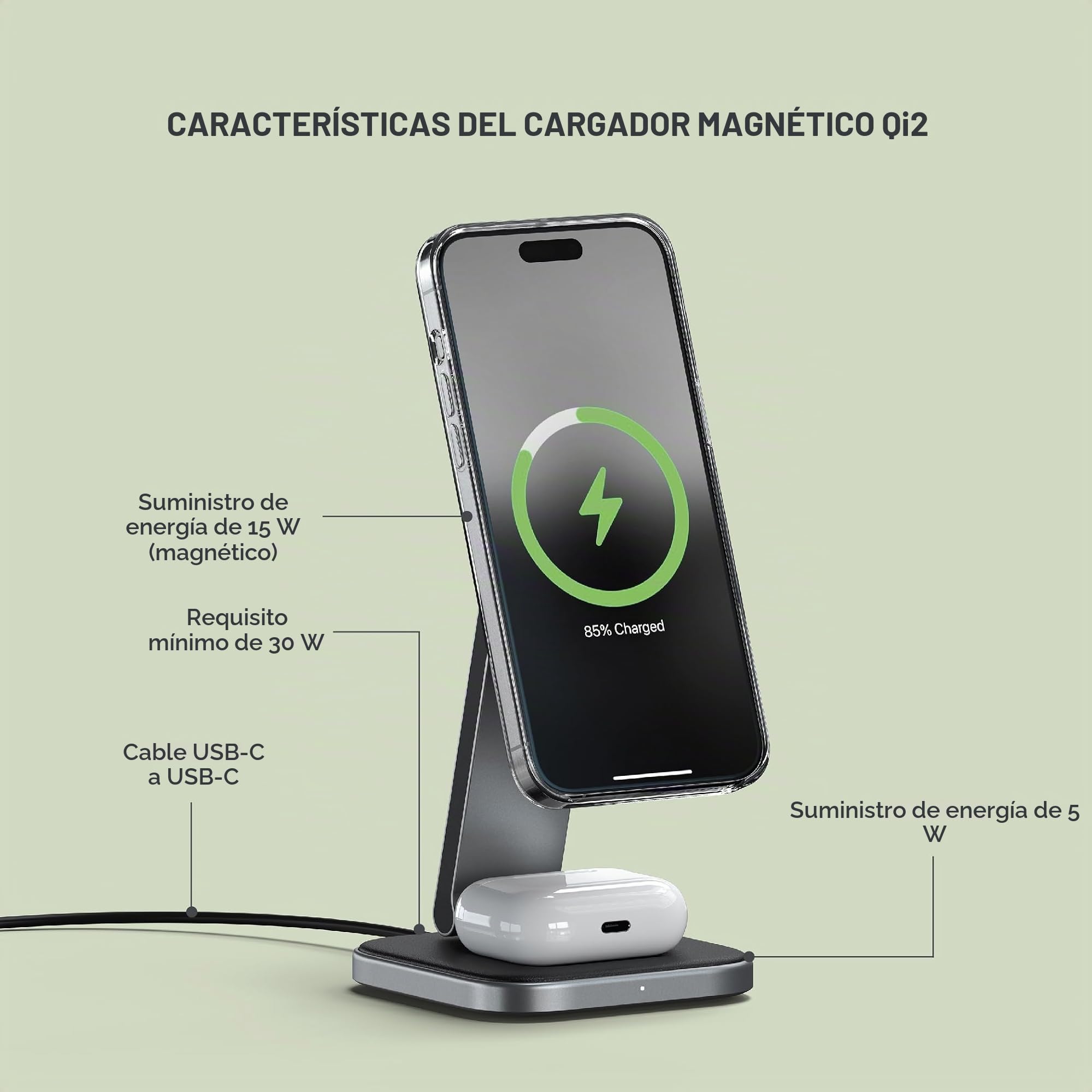 SATECHI 2 en 1 Qi2 Cargador Inalámbrico Plegable 15W | Soporte que se pliega para viajes, compatible con iPhone 17-12 y AirPods con estuche de carga inalámbrica