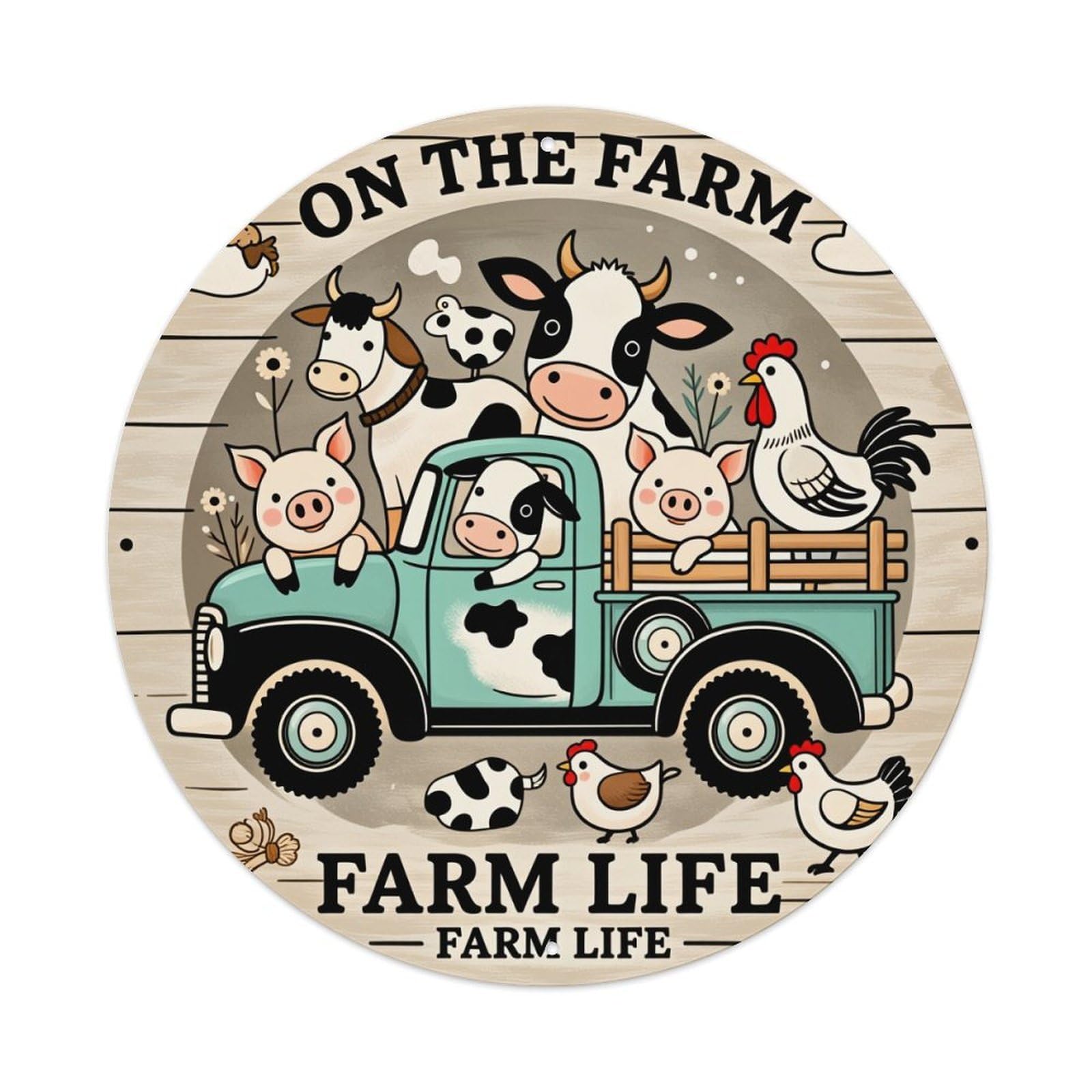 Farm Animals Truck Life Pattern Round Tin Sign Vintage Style Metal Sign Home Bar Garden Wall Plaque Decor Metal Poster 8x8 Inch
