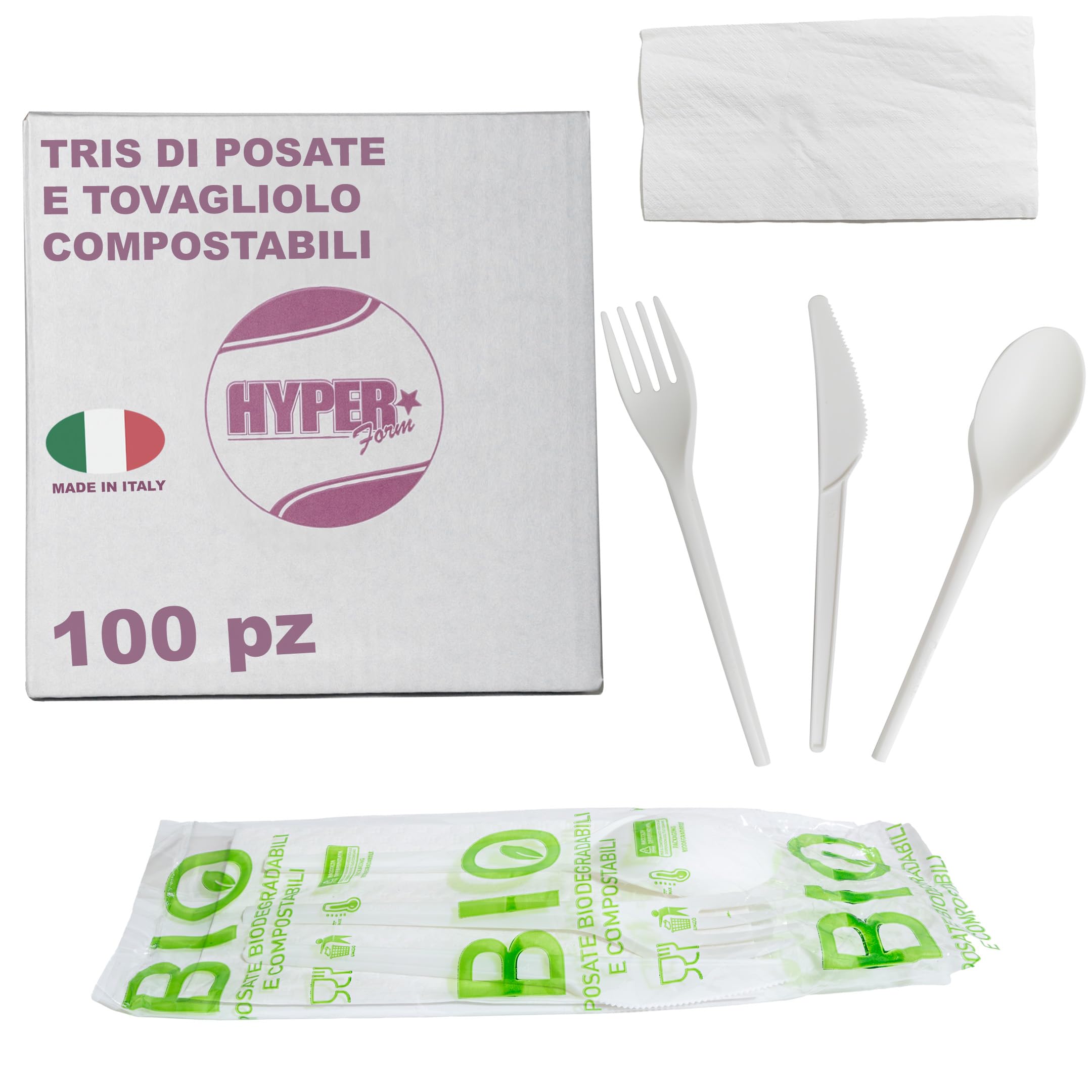 HYPER form Set Posate Biodegradabili e Compostabili Tris Forchetta Coltello Cucchiaio e Tovagliolo 100 Pezzi