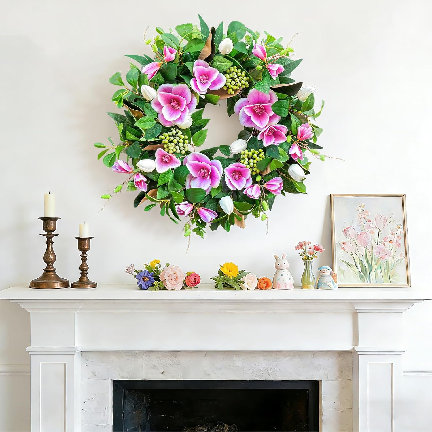 Spring Wreath for Front Door 24 Inch, Large Spring Summer Door Wreath with Artificial Peony Tulip Rose Flowers, Floral Wreath with DIY Wooden Welcome Sign for Outdoor Indoor Home Decor (Pink)