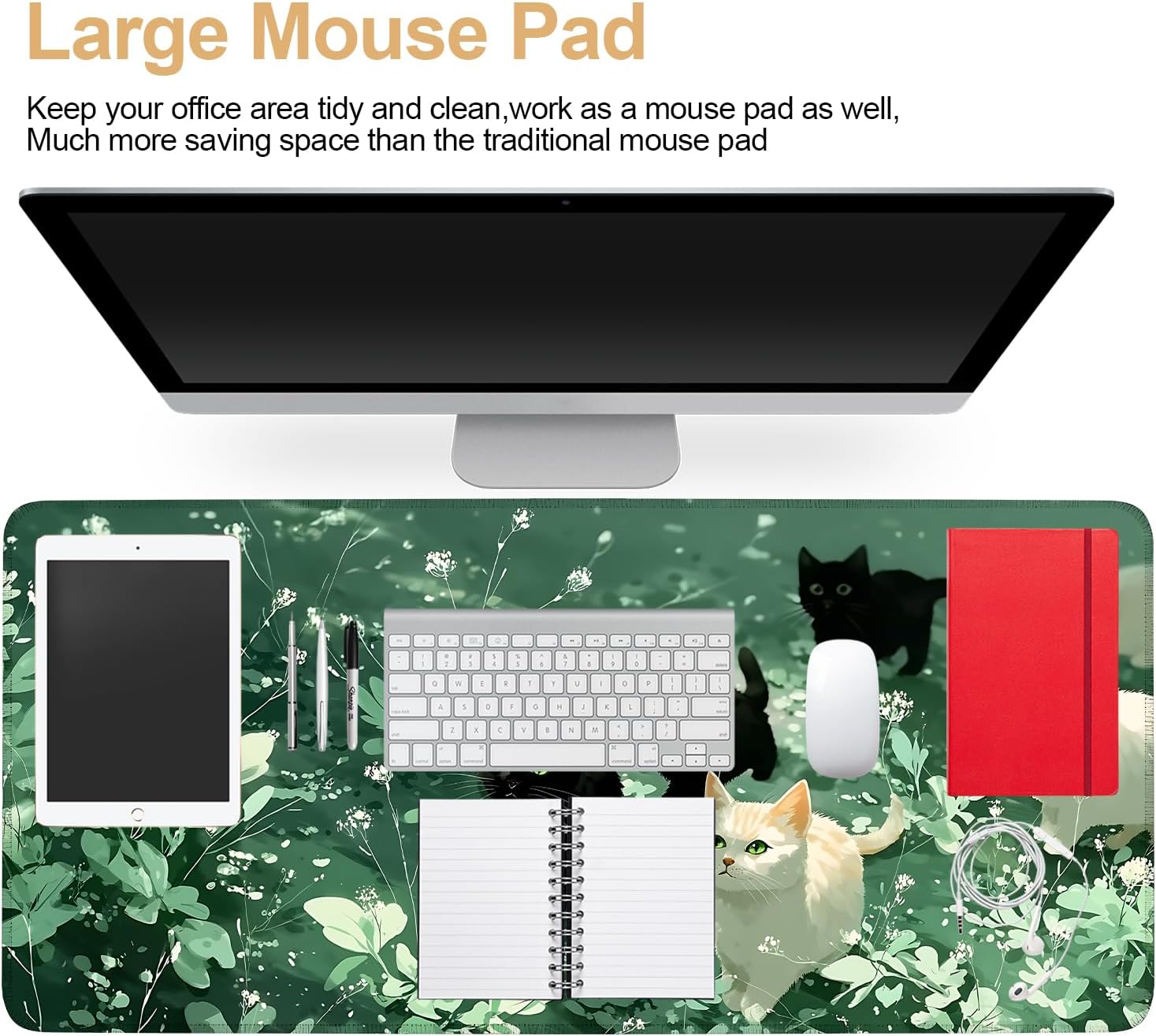 Large Mouse Pad, Cute Cat Gaming Mouse Pad Desk Mat, Non-Slip Base Extended Keyboard Mat, Thick 3mm Smooth Surface Mousepad for Office & Home, 35.5 x 15.8 Inch image 3