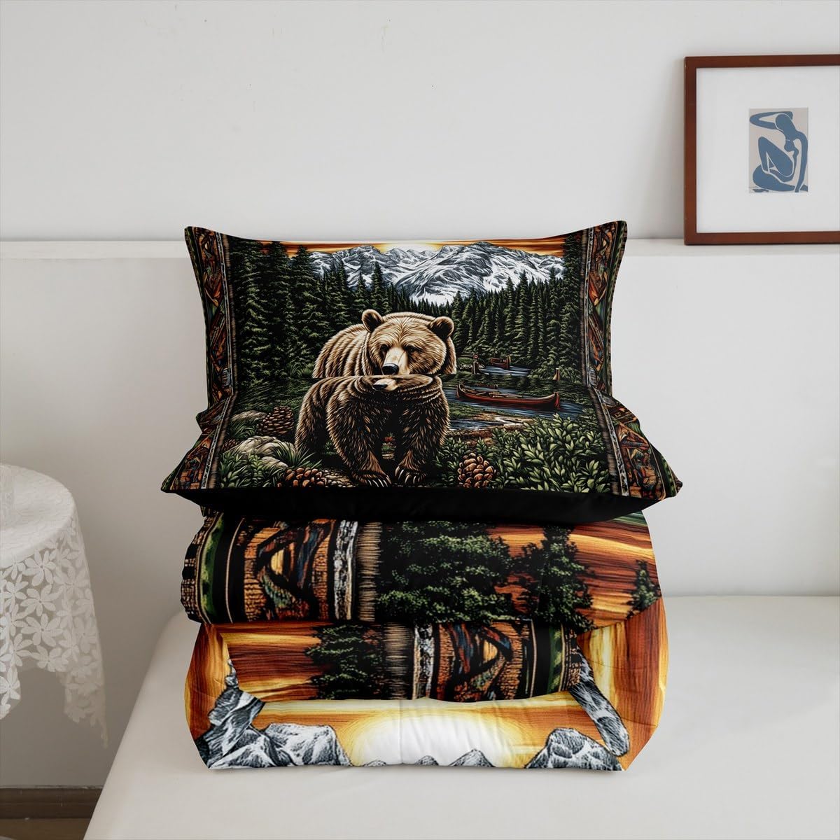 Castle Fairy Bear Print Twin Size Comforter Set,Wildlife Animals Hunting Theme Duvet Set Soft Bed Collection,Lake House Trees Pinecone Bedding Comforter for Boys Girls Bedroom,2 Pcs
