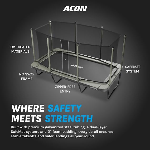 ACON 16 HD Rectangular Trampoline with Safety Enclosure & Ladder - 17 x 9.8 ft Big Rectangle Trampoline Outdoor, 140 HD Springs, SafeMat, 1,650 lbs Tested Steel Frame,
