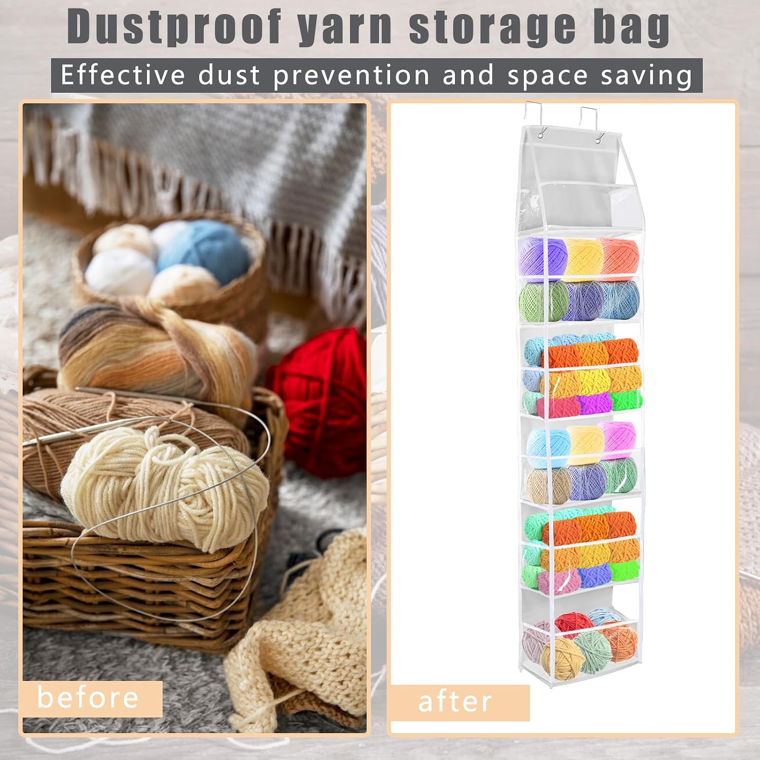 Hanging Yarn Storage Organizer with 6 Large Pockets, Clear Knitting Organizer with Over-Door Hooks for Crochet Lovers, Holder for Knitting Needles, Crochet Hooks, Yarn Balls