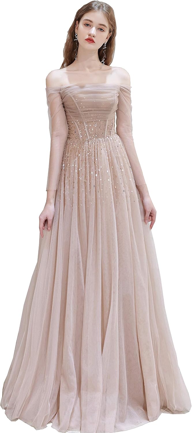 Sparkly Prom Dresses Beaded Off-Shoulder Tulle Pageant Wedding Evening Party Gown