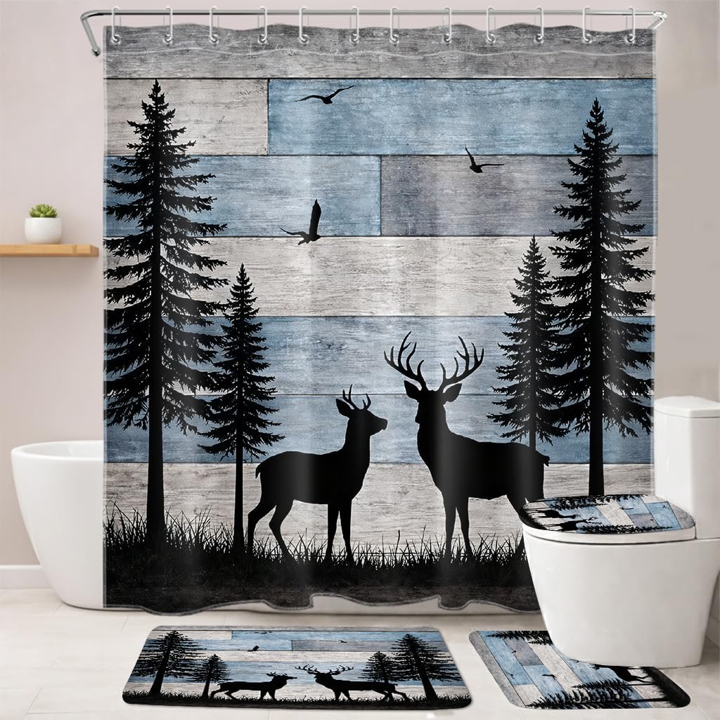 Rustic Cabin Deer Shower Curtain Set with Toilet Lid Cover and Non-Slip Bathroom Rugs, Wild Animal Deer and Bird Tree in Forest on Blue Gray Wood Shower Curtain Bathroom Decor,72L X 72W inches