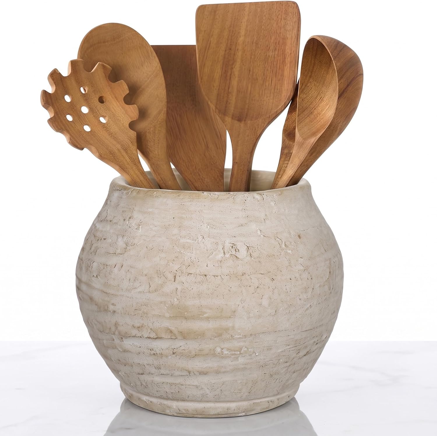 Briful Utensil Holder for Kitchen Counter, 7.4" Rustic Ceramic Vase Crock Decor, Beige Crocks Pottery Jar, Distressed Antique Storage Organizer for Modern Farmhouse, Cooking Tools Spoon Ladle